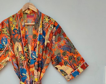 Boho Burnt Orange Kimono Robe | Handmade Cotton Block Print | Long Belted Dressing Gown | Artisan