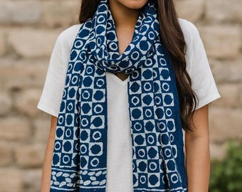 Indigo Block Print Scarf| Natural Dye | Cotton indigo Shawl | Boho Wrap