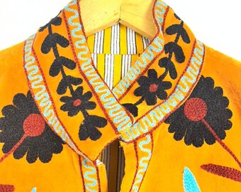 Hand Embroidered Velvet Jacket | Mustard Floral Suzani, Boho Coat