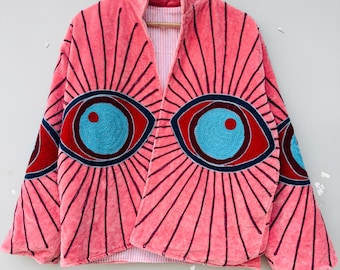 Pink Velvet Eye Embroidery Jacket, Handmade Boho Kimono Coat, Artistic Evil Eye Outerwear, Festival