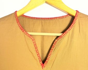 Handmade Mustard Kaftan Dress | Embroidered Neckline, Boho Cotton Kurta
