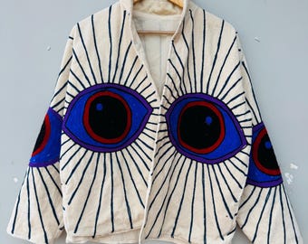 Cream Velvet Eye Embroidery Jacket, Boho Kimono Coat, Handmade Artistic Outerwear, Festival Statement Jacket