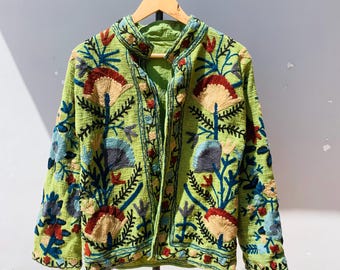 Handmade Suzani Embroidered Cotton Jacket – Boho Festival Coat | Floral Ethnic Jacket | Artisan Statement Outerwear