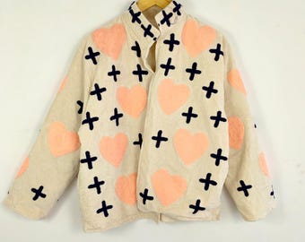 Peach Heart & Cross Embroidered Jacket – Handmade Cotton Velvet Boho Coat, Cozy Artisan Outerwear, Unique