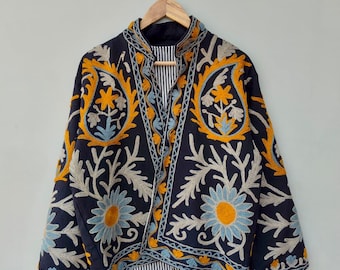 Black Suzani Embroidered Jacket | Handmade Floral Boho Coat | Artisan Festival Wear | Colorful Bohemian
