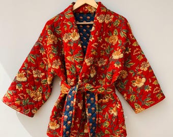 Red Floral Quilted Kimono Jacket | Lined Cotton Coat | Kantha Stitch Outerwear with Tie Belt