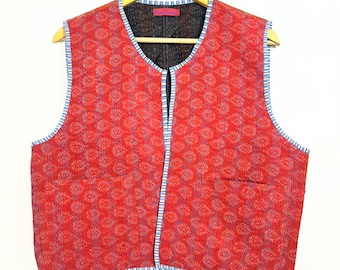 Red Silk Kantha Vest | Reversible Boho Patchwork Waistcoat