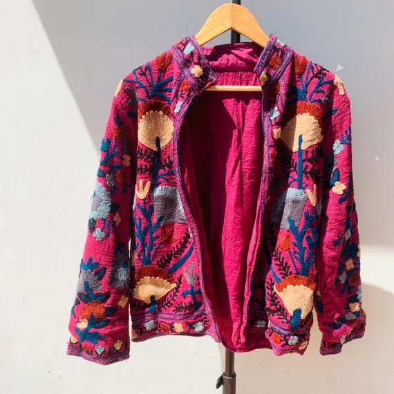 Handmade Suzani Embroidered Cotton Jacket – Boho Festival Coat | Floral Ethnic Jacket | Artisan Statement Outerwear