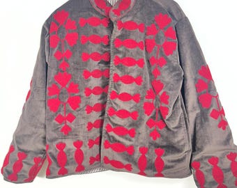 Hand Embroidered Velvet Jacket | Red Floral Embroidery | Boho Suzani Style | Artisan Made Statement Jacket