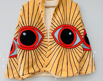 Boho Eye Embroidery Velvet Jacket, Handmade Bohemian Kimono Coat, Artistic Eye Design Outerwear, Statement