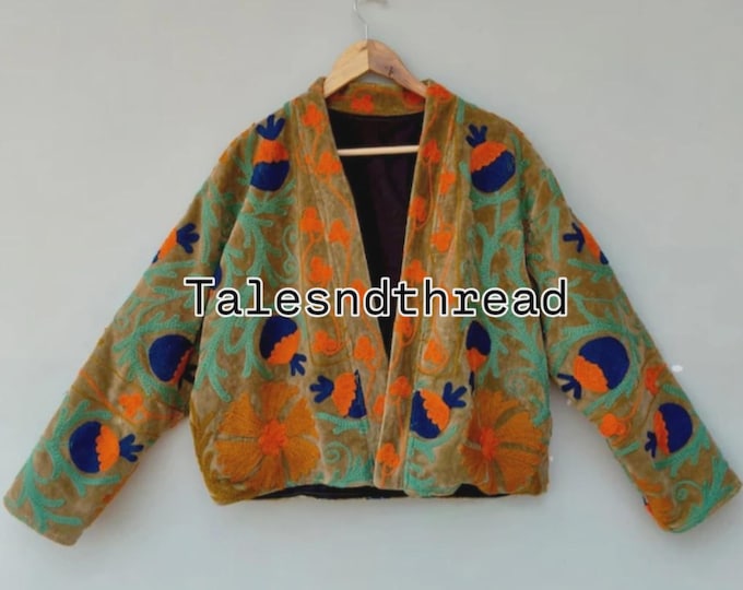 Handmade Velvet Suzani Embroidered Jacket | Boho Folk Art Outerwear | Colorful Floral Festival Coat