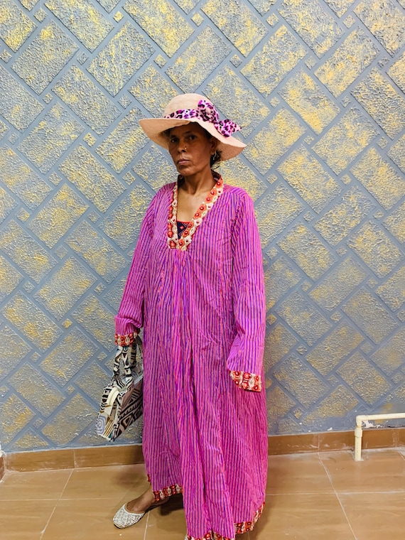 Boho Cotton Dress | Magenta Striped Long Dress | Ethnic Indian Tunic |  Handmade Kaftan - Etsy