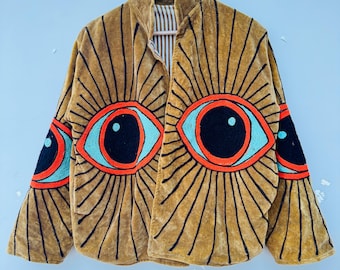 Brown Velvet Eye Embroidery Jacket, Handmade Boho Kimono Coat, Artistic Evil Eye Outerwear, Festival