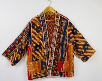 Vintage Floral Cotton Kantha Jacket, Reversible Kimono, Women’s Boho Jacket, Gift for Her
