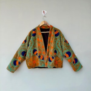 Handmade Velvet Suzani Embroidered Jacket | Boho Folk Art Outerwear | Colorful Floral Festival Coat