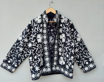 Black Kantha Cotton Embroidered Jacket | Handmade Boho Floral Coat | Artisanal Suzani-Inspired Festival Outerwear