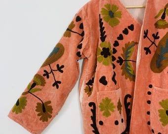 Hand Embroidered Suzani Velvet Jacket | Boho Floral Coat