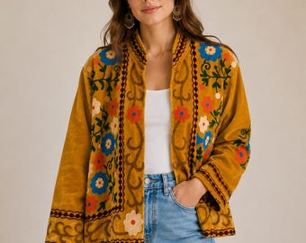 Mustard Yellow Velvet Suzani Embroidered Jacket | Handmade Floral Boho Coat | Artisan Festival Jacket