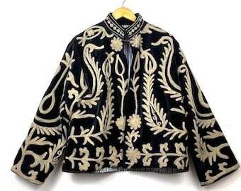 Black Embroidered Jacket, Boho Vintage Suzani Coat, Handmade Statement Jacket, Ethnic Festival Wear