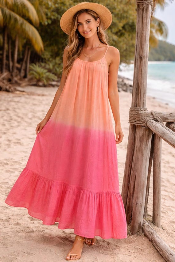 coral boho dress Handmade Cotton Ombre Maxi Dress, Peach, Beach Resort Wear coral maxi dress