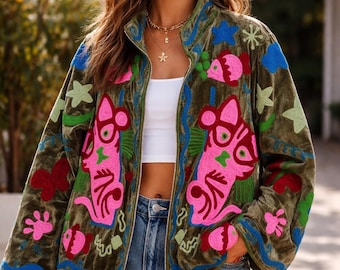 Colorful Cat Embroidered Jacket, Boho Statement Coat, Handmade Art Jacket, Funky Vintage Style
