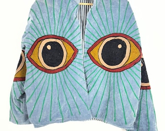 Handmade Eye Embroidered Velvet Jacket | Boho Statement Art