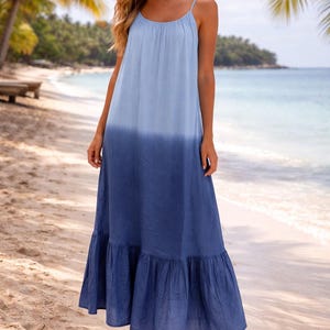 blue ombre beach dress Radiating Palm Beach glamour, our ombr slip dress highlights a sensual open back with glittering Swarovski crystal straps, the quintessence of sunshine-soaked luxury