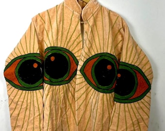 Hand-Embroidered Velvet Jacket, Boho Eye Motif Coat, Festival Kimono Style