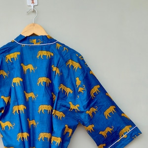 Boho Kimono Robe – Handmade Cotton Loungewear | Deep Blue Leopard Print | Lightweight, Stylish & Perfect Gift for Her