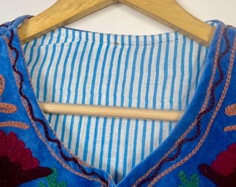 Blue Embroidered Boho Jacket, Handmade Floral Kimono, Cotton Suzani Style Jacket