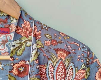 Grey Floral Kimono Robe – Handmade Cotton Boho Dressing Gown, Lightweight Loungewear, Beach