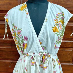 Handblock Printed Cotton Sleeveless Boho Dress | Floral Summer Midi Dress | Ethnic Wrap Style Sundress | Handmade Indian Cotton Dress