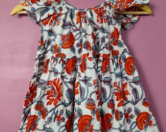 Vestido de algodón para niñas con estampado de bloques a mano / Vestido bohemio floral para niñas
