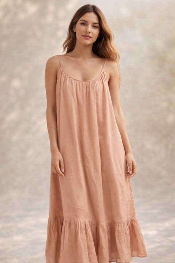 Peach Cotton Boho Maxi Dress, Spaghetti Strap Sundress, Handmade Summer Style