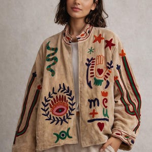 Handmade Boho Velvet Jacket – Embroidered Mystic Symbols, Festival Coat