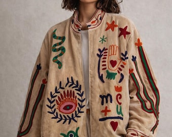 Handmade Boho Velvet Jacket – Embroidered Mystic Symbols, Festival Coat