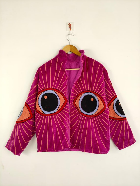 Giacca in velluto con ricamo a occhio – Cappotto boho fatto a mano, abbigliamento da festival, capospalla artistico realizzato da abili artigiani