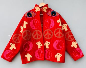Boho Quilted Jacket Women | Red Embroidered Peace Sign & Mushroom Coat | Festival Hippie Artwear