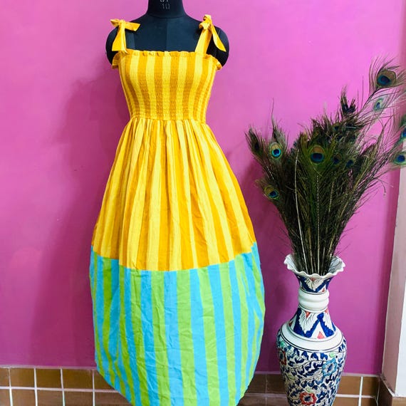Bright Summer Cotton Dress | Yellow & Blue Striped Maxi Dress | Handmade Sundress | Tie Strap Bright Summer Cotton Dress | Yellow & Blue Striped Maxi Dress | Handmade Sundress | Tie Strap