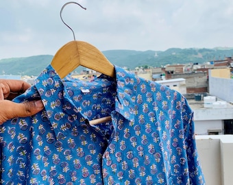 Handmade Blue Floral Cotton Shirt | Indian Block Print Long Sleeve Button Down | Casual Shirt