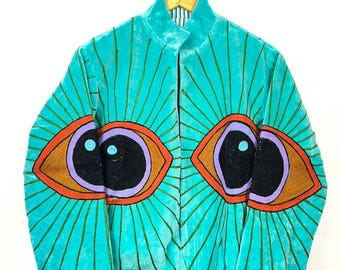 Hand-Embroidered Velvet Jacket, Boho Eye Motif Coat, Festival Kimono Style