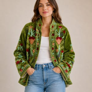 Green Velvet Suzani Embroidered Jacket | Handmade Floral Boho Coat | Artisan Embroidery Jacket