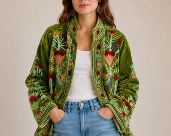 Green Velvet Suzani Embroidered Jacket | Handmade Floral Boho Coat | Artisan Embroidery Jacket
