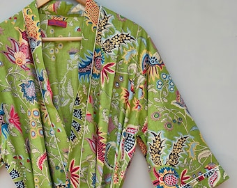 Handmade Green Floral Kimono Robe – Boho Cotton Loungewear, Lightweight Beach Cover Up, Festival Wear,