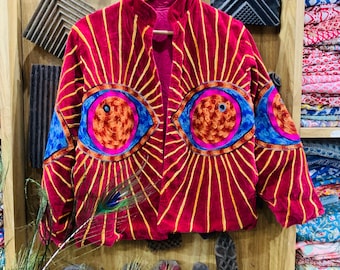 Eye Embroidery Velvet Jacket – Handmade Boho Festival Coat | Unique Statement Outerwear | Artisan Hippie Clothing