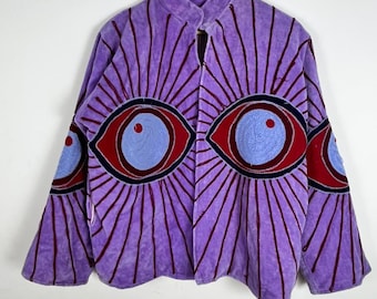 Handmade Embroidered Eye Cotton Velvet Jacket | Boho Statement Art