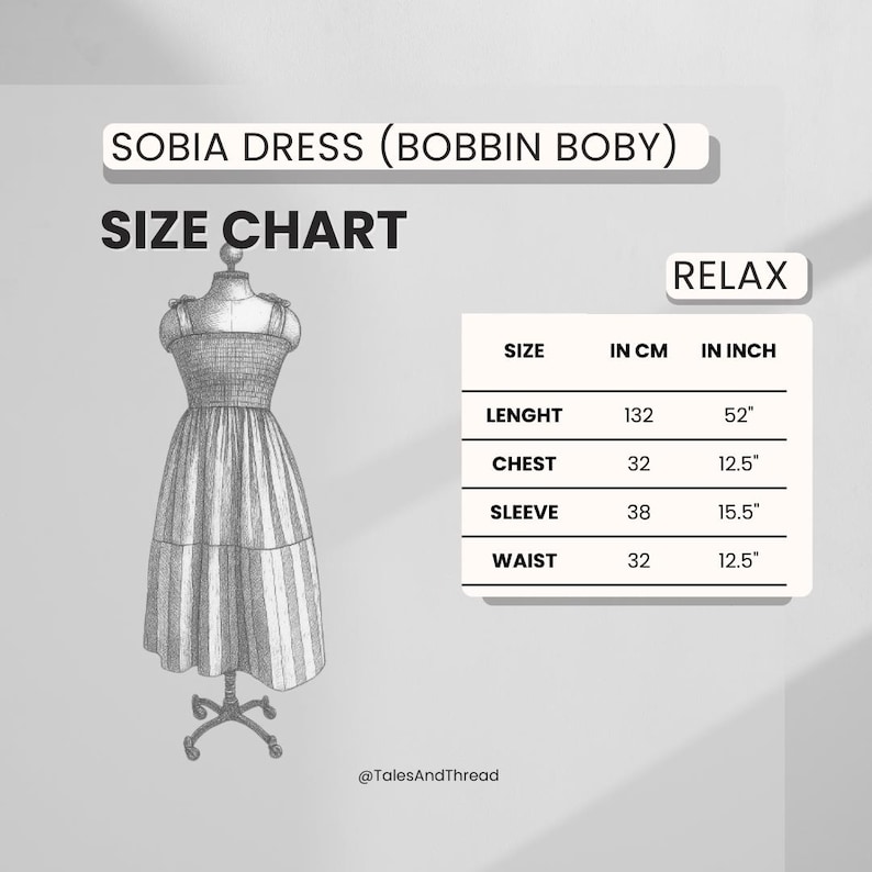 Puede incluir: Un boceto de un vestido con una tabla de tallas que muestra medidas en cm y pulgadas. El vestido tiene un corpi&ntilde;o ajustado y una falda acampanada. La tabla detalla las medidas de largo, pecho, manga y cintura. El texto dice 'SOBIA DRESS (BOBBIN BOBY)' y 'SIZE CHART'.