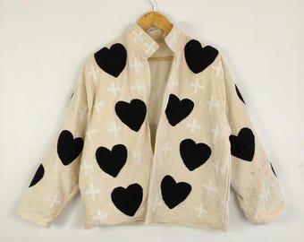 Black Heart & White Cross Embroidered Jacket – Handmade Cotton Velvet Boho Coat, Cozy Artisan Outerwear