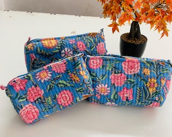 Handmade Quilted Cotton Pouch Set | 3 Sizes Travel Toiletry Bag | Makeup Cosmetic Zipper Bag