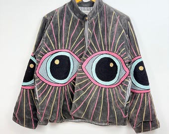 Black Velvet Eye Embroidery Jacket, Handmade Boho Kimono Coat, Festival Statement Outerwear
